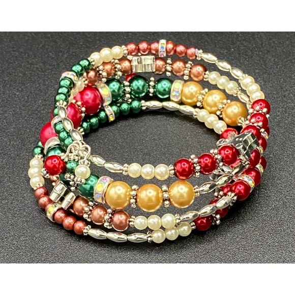 Faux Pearl & Gingerbread Man Multistrand Memory Wire Bracelet by Neanie-Bot - Picture 2 of 5